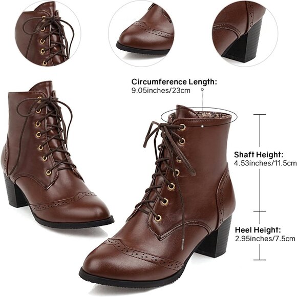 Womens Wingtip Ankle Boots Chunky Heel Lace Up Round Toe Winter Shoes - Picture 2 of 7